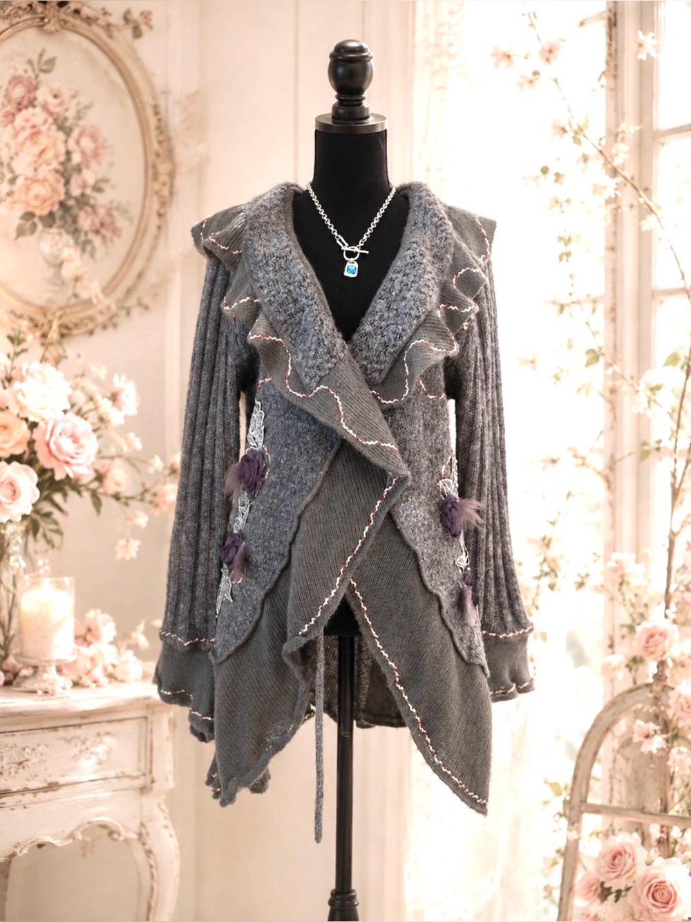 BOHO Gray Asymmetrical Mohair and Wool Ruffled Open Cardigan w/Floral Applique